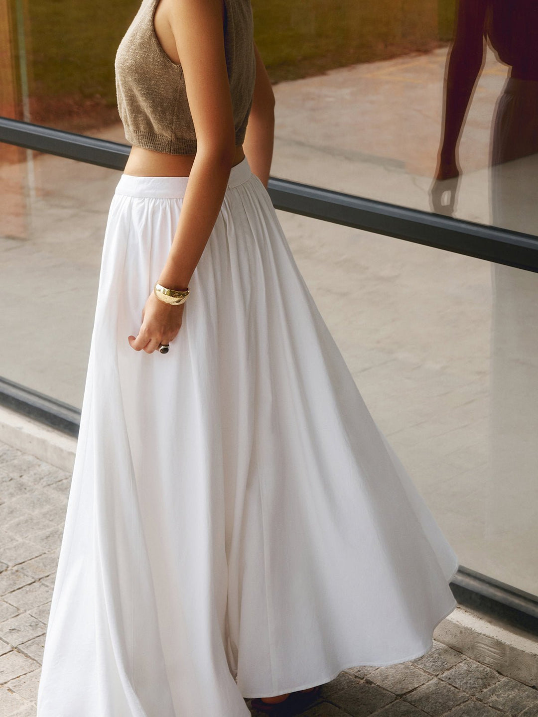Women's High Waist Pleated A-Line Maxi Skirt with Pockets