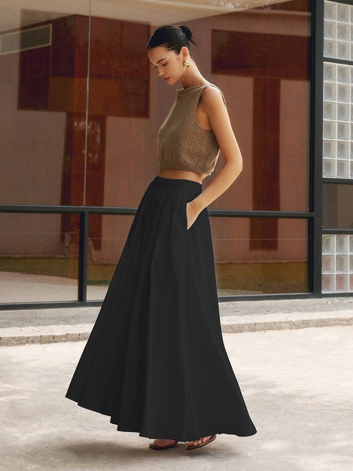 Women's High Waist Pleated A-Line Maxi Skirt with Pockets - Black