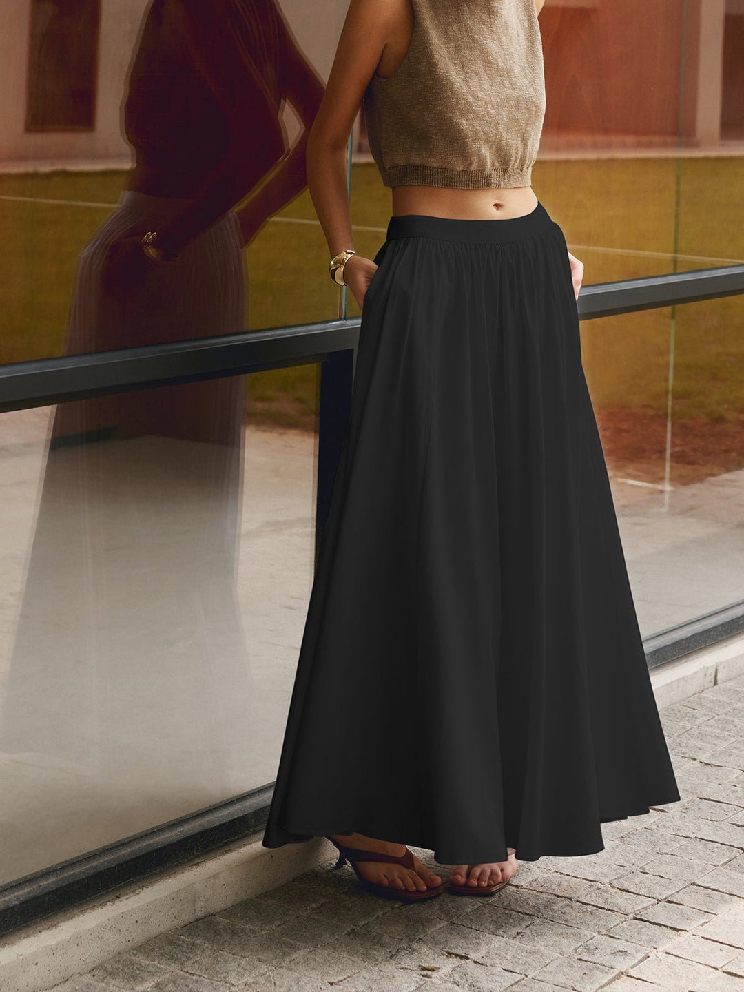 Women's High Waist Pleated A-Line Maxi Skirt with Pockets