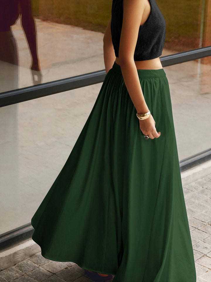 Women's High Waist Pleated A-Line Maxi Skirt with Pockets - Green
