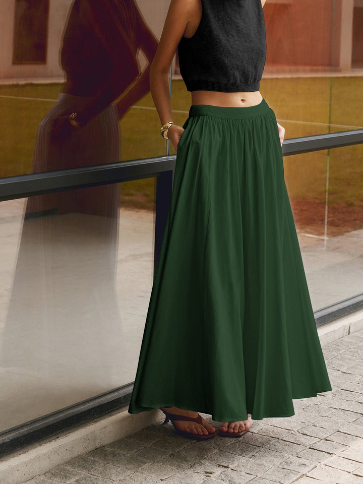 Women's High Waist Pleated A-Line Maxi Skirt with Pockets