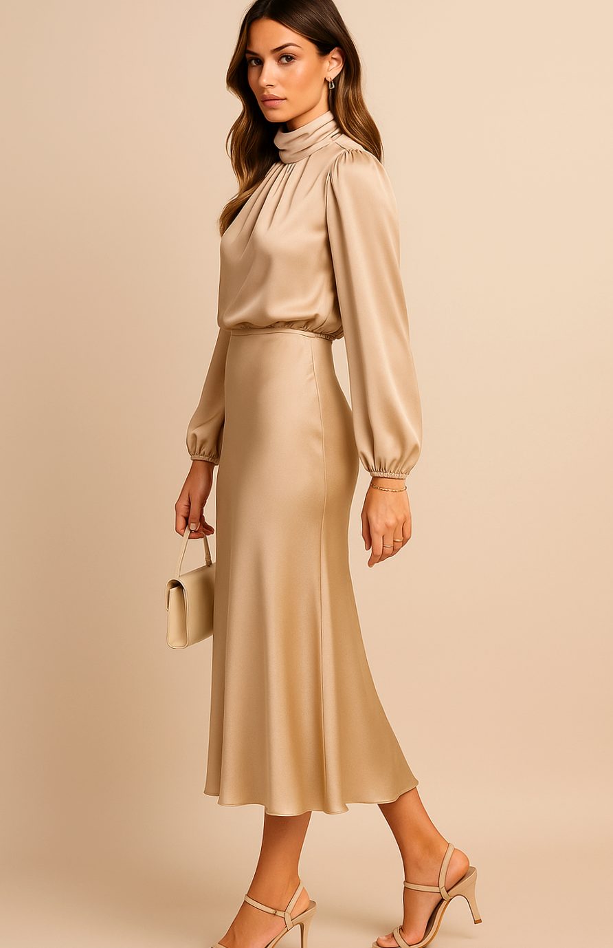 Women's High-Waist Satin Long-Sleeve Mock-Neck Midi Dress