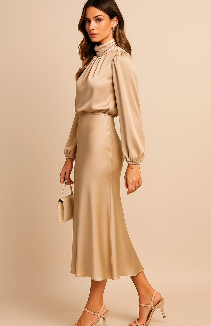 Women's High-Waist Satin Long-Sleeve Mock-Neck Midi Dress