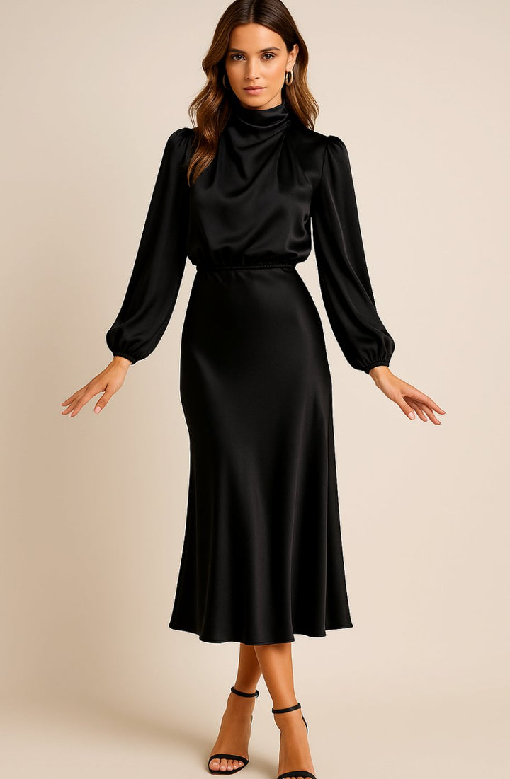 Women's High-Waist Satin Long-Sleeve Mock-Neck Midi Dress - Black