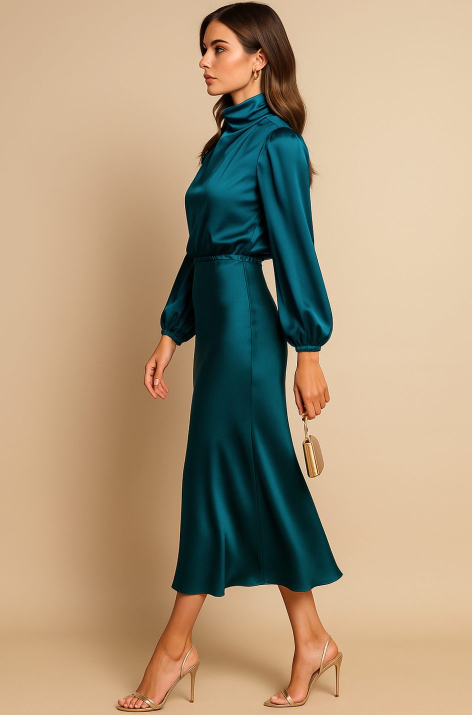 Women's High-Waist Satin Long-Sleeve Mock-Neck Midi Dress - Blue