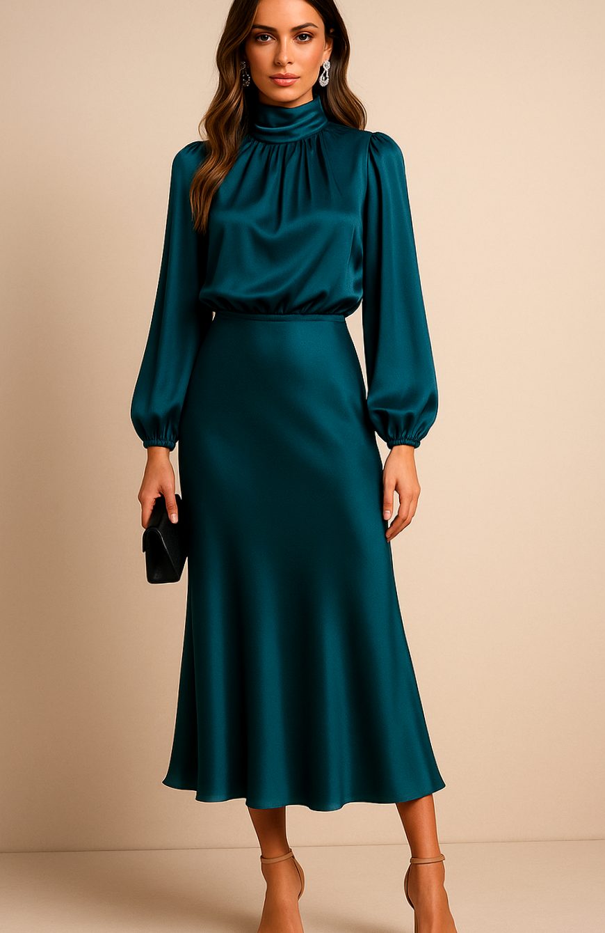 Women's High-Waist Satin Long-Sleeve Mock-Neck Midi Dress