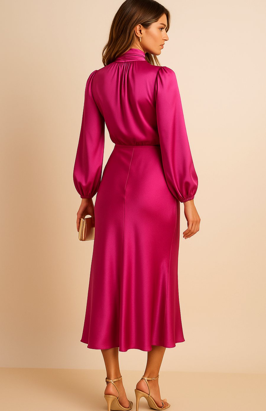 Women's High-Waist Satin Long-Sleeve Mock-Neck Midi Dress