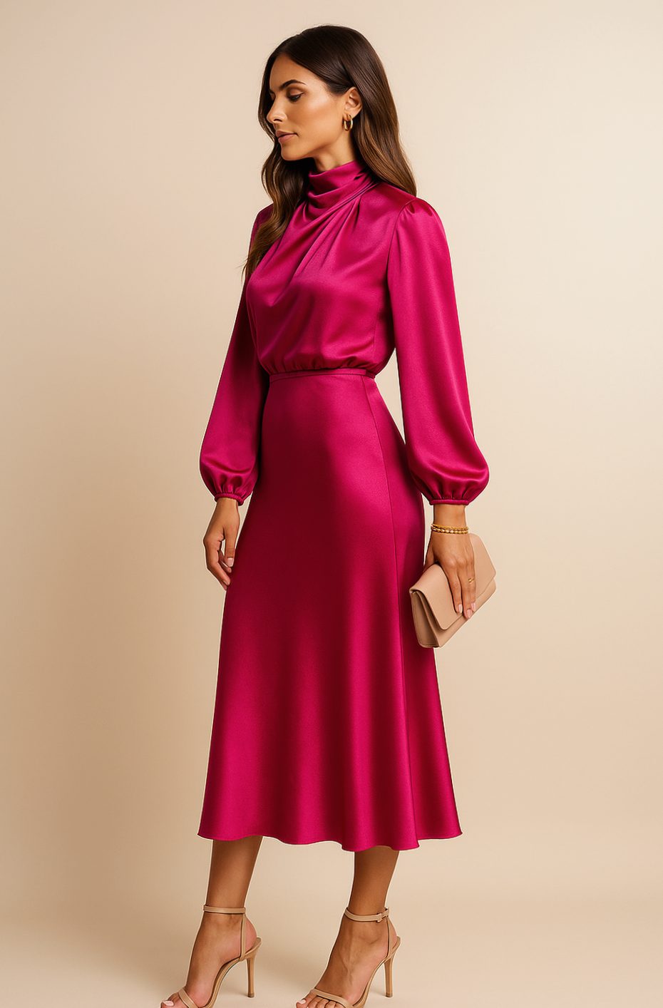 Women's High-Waist Satin Long-Sleeve Mock-Neck Midi Dress