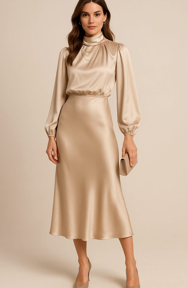Women's High-Waist Satin Long-Sleeve Mock-Neck Midi Dress