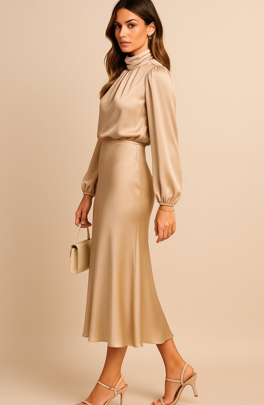 Women's High-Waist Satin Long-Sleeve Mock-Neck Midi Dress
