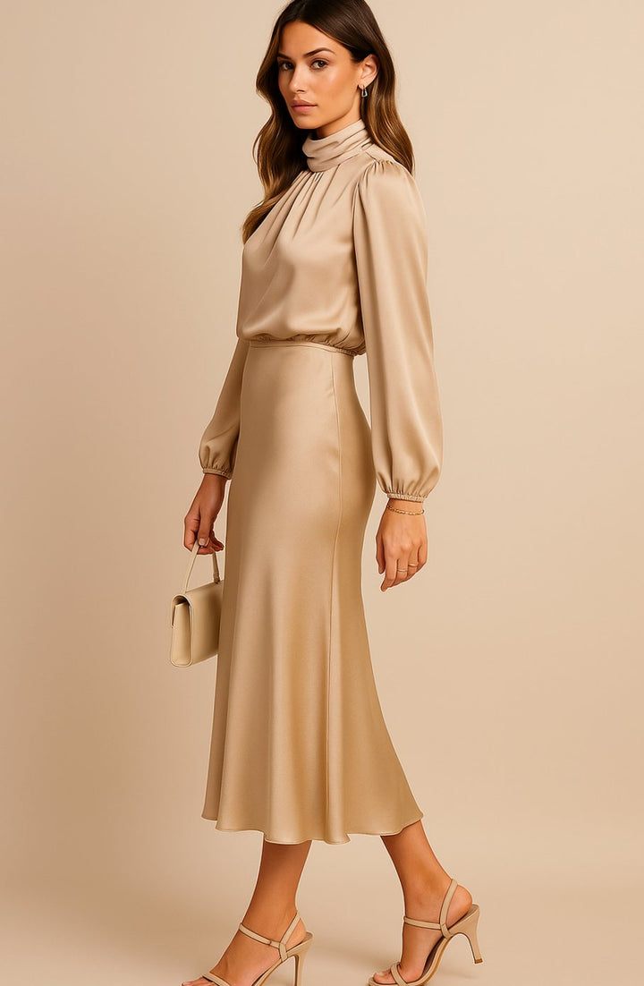 Women's High-Waist Satin Long-Sleeve Mock-Neck Midi Dress