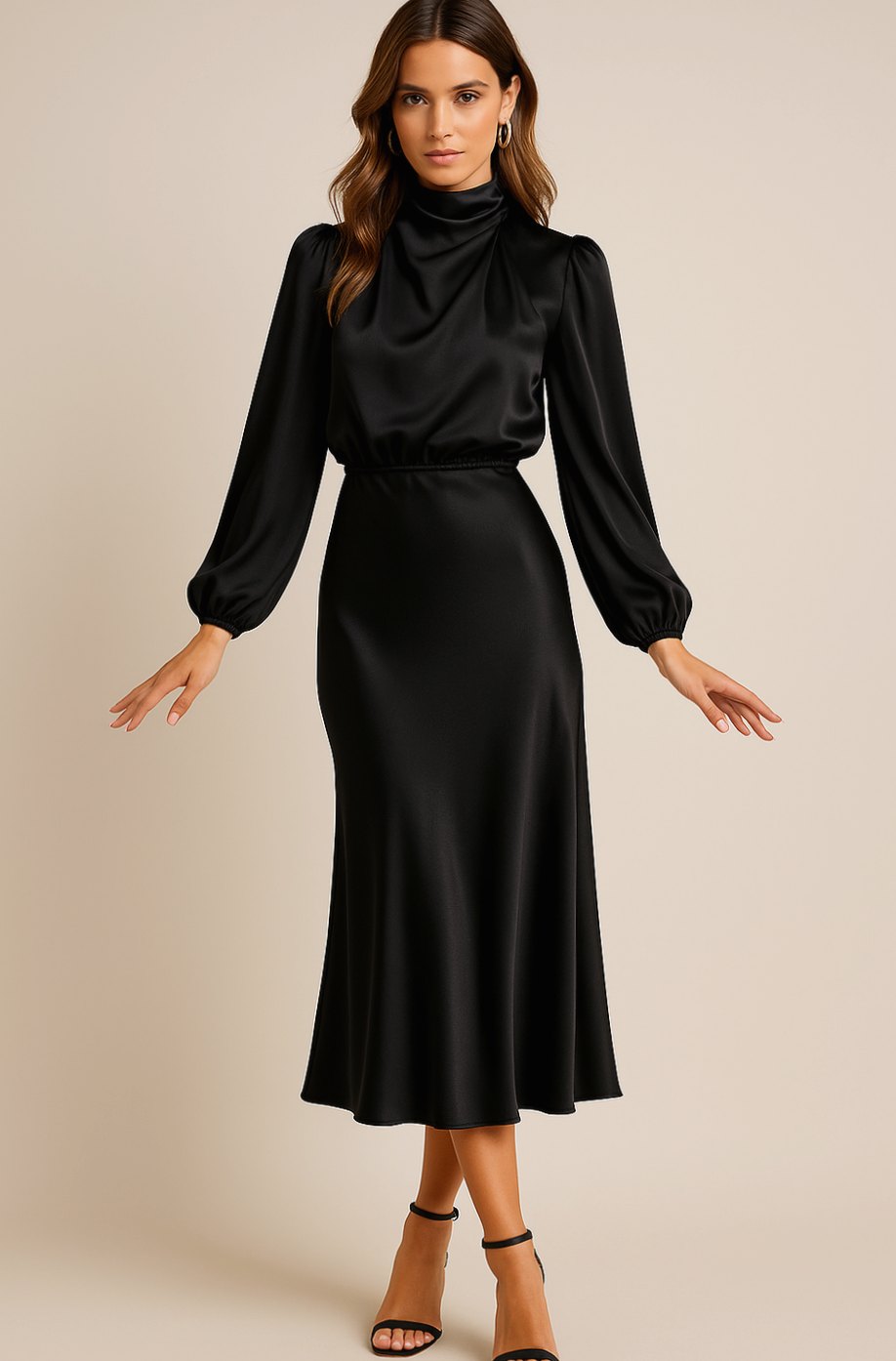 Women's High-Waist Satin Long-Sleeve Mock-Neck Midi Dress