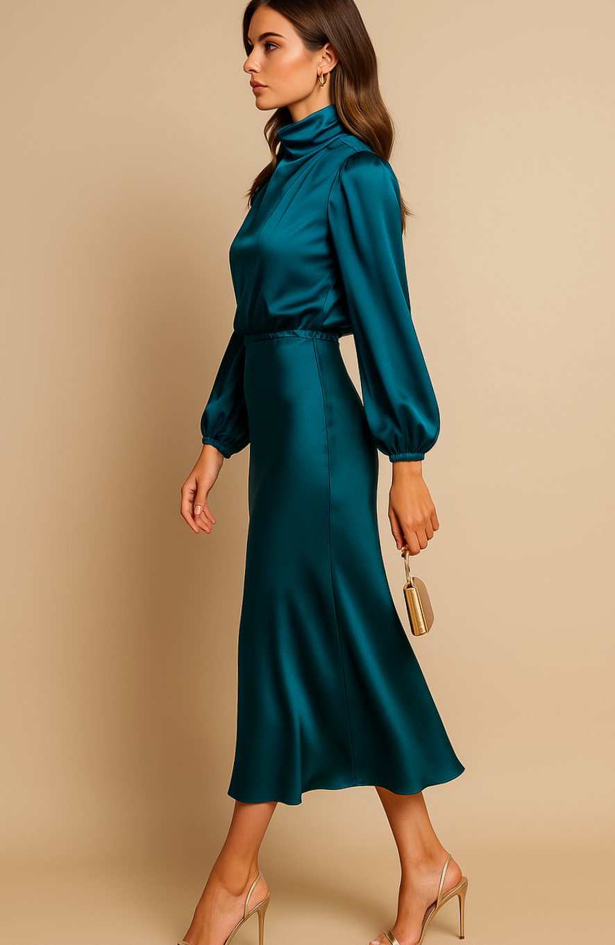 Women's High-Waist Satin Long-Sleeve Mock-Neck Midi Dress
