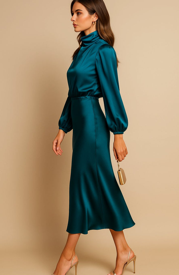 Women's High-Waist Satin Long-Sleeve Mock-Neck Midi Dress