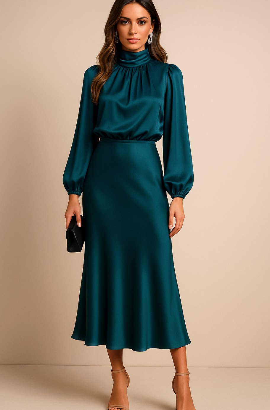 Women's High-Waist Satin Long-Sleeve Mock-Neck Midi Dress