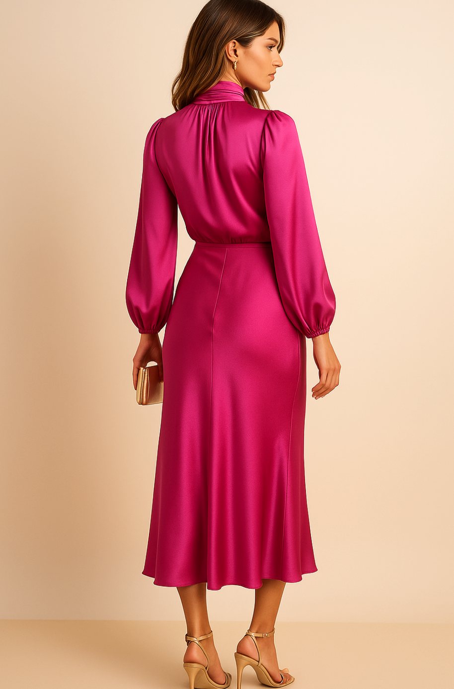 Women's High-Waist Satin Long-Sleeve Mock-Neck Midi Dress