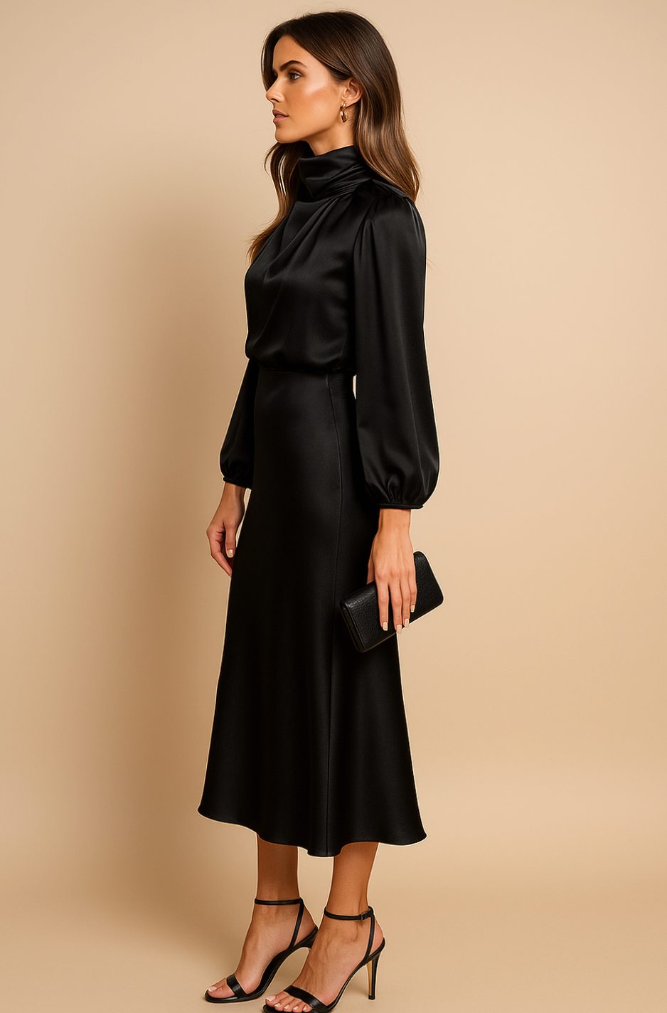 Women's High-Waist Satin Long-Sleeve Mock-Neck Midi Dress