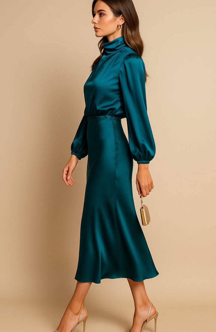 Women's High-Waist Satin Long-Sleeve Mock-Neck Midi Dress