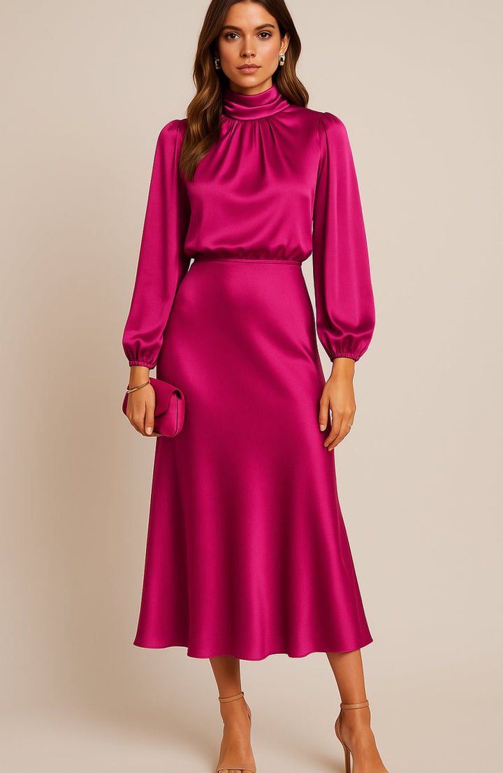 Women's High-Waist Satin Long-Sleeve Mock-Neck Midi Dress