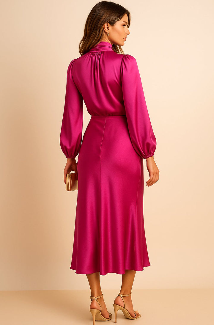Women's High-Waist Satin Long-Sleeve Mock-Neck Midi Dress