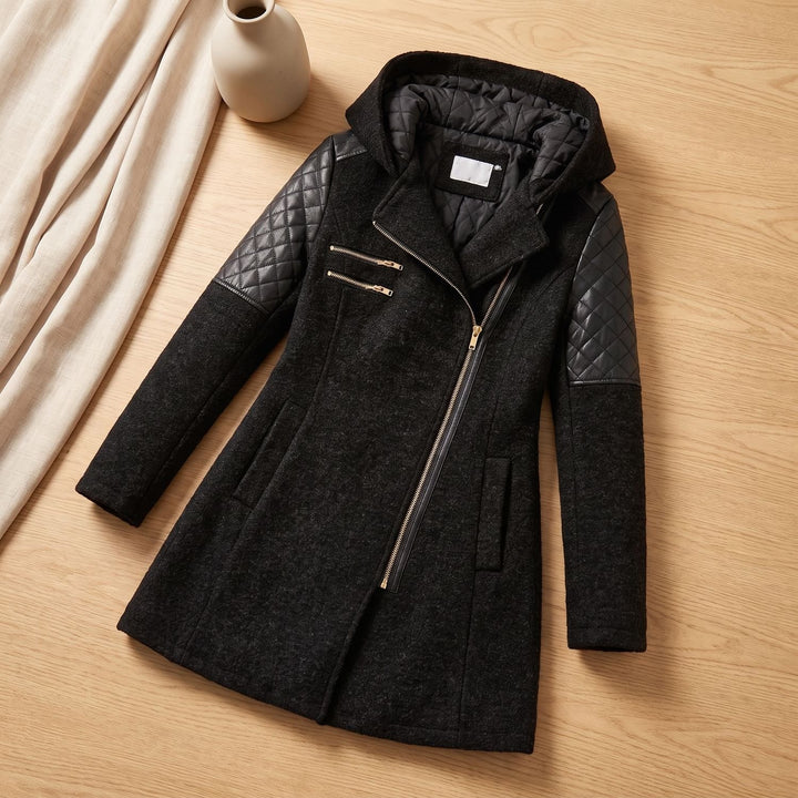 Women's Hooded Asymmetric-Zip Quilted-Sleeve Wool Coat - Black