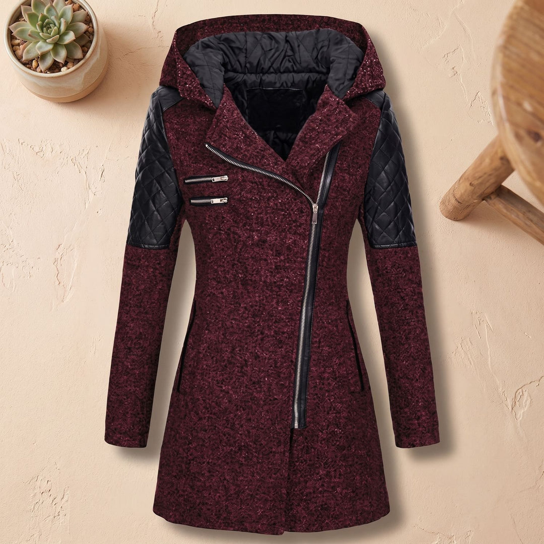 Women's Hooded Asymmetric-Zip Quilted-Sleeve Wool Coat - Red