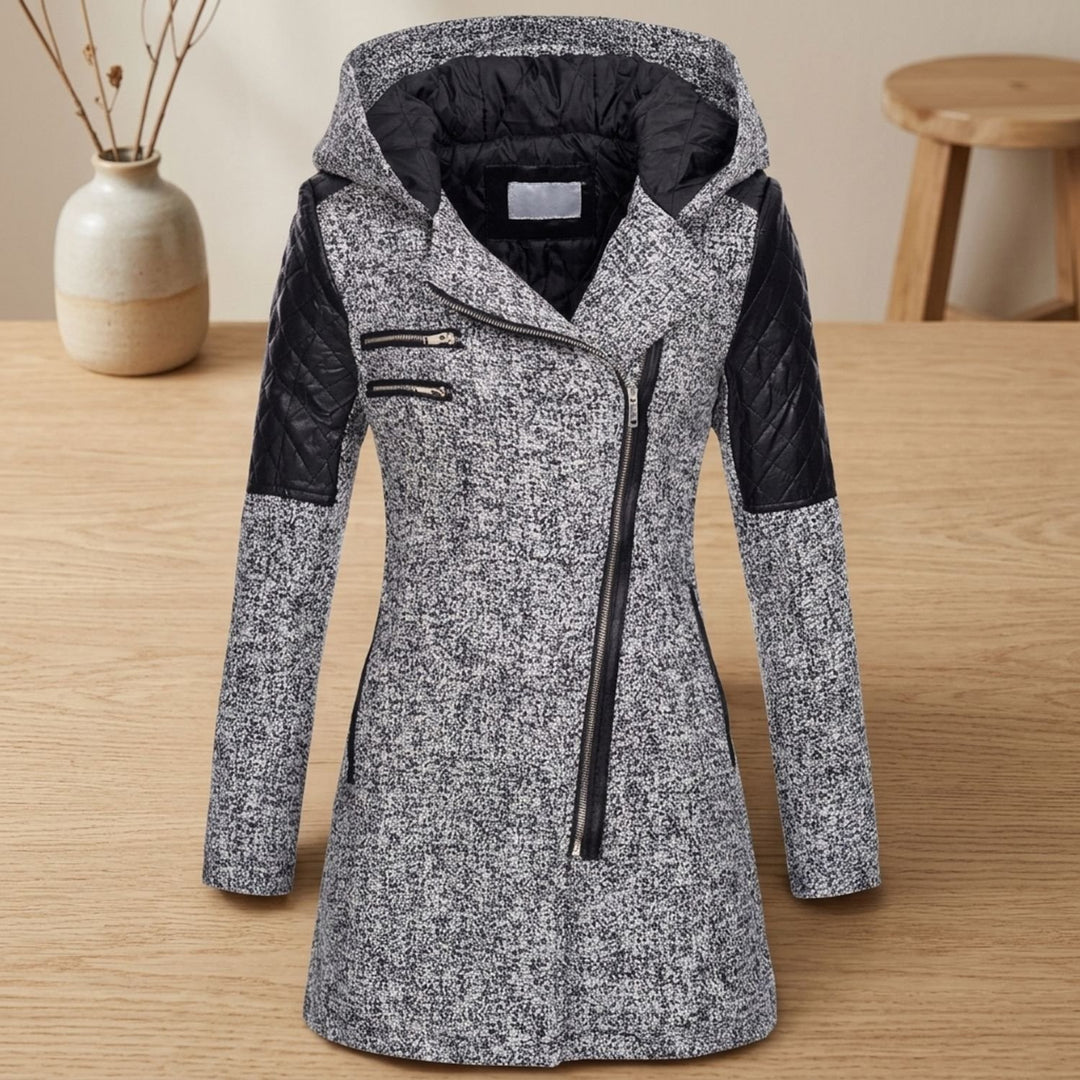 Women's Hooded Asymmetric-Zip Quilted-Sleeve Wool Coat - Light Gray