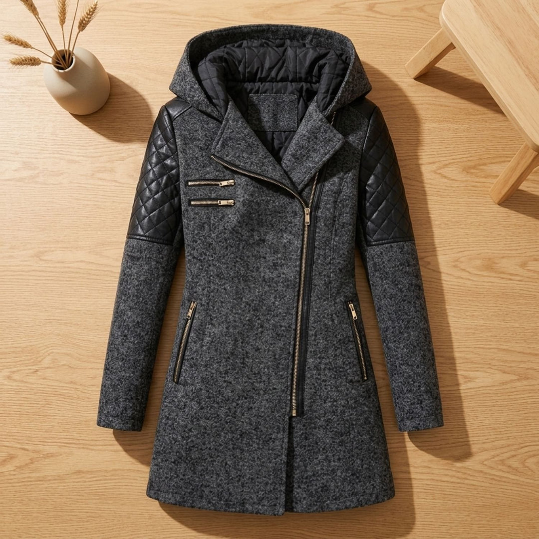 Women's Hooded Asymmetric-Zip Quilted-Sleeve Wool Coat - Dark Gray