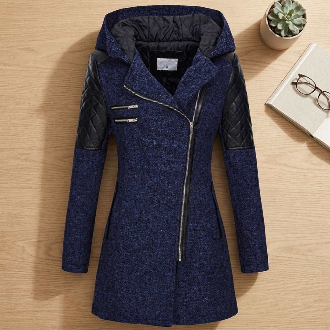 Women's Hooded Asymmetric-Zip Quilted-Sleeve Wool Coat - Dark Blue