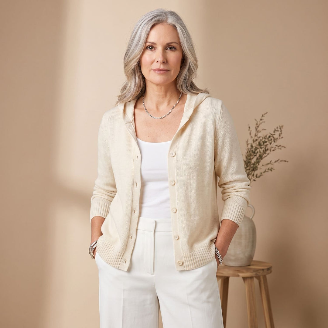 Women's Hooded Button-Front Knit Cardigan - Beige