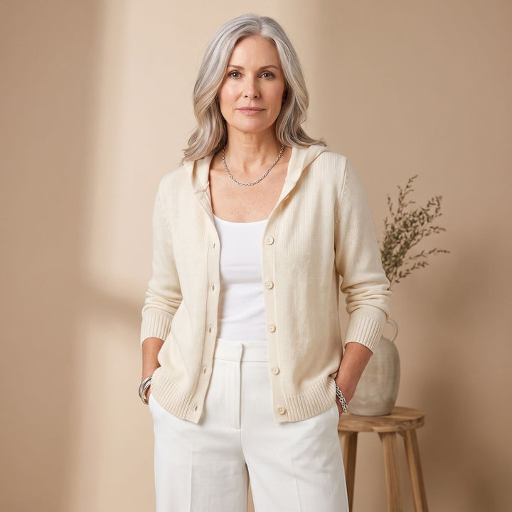 Women's Hooded Button-Front Knit Cardigan - Beige