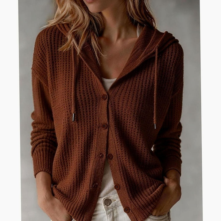 Women's Hooded Button-Front Ribbed Knit Cardigan - Maroon