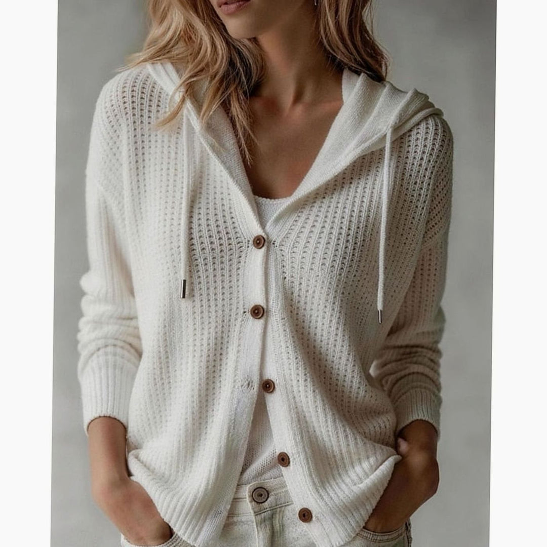 Women's Hooded Button-Front Ribbed Knit Cardigan - White