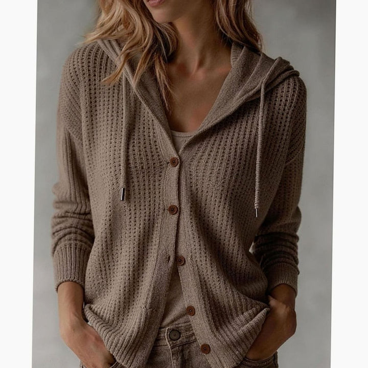 Women's Hooded Button-Front Ribbed Knit Cardigan - Khaki