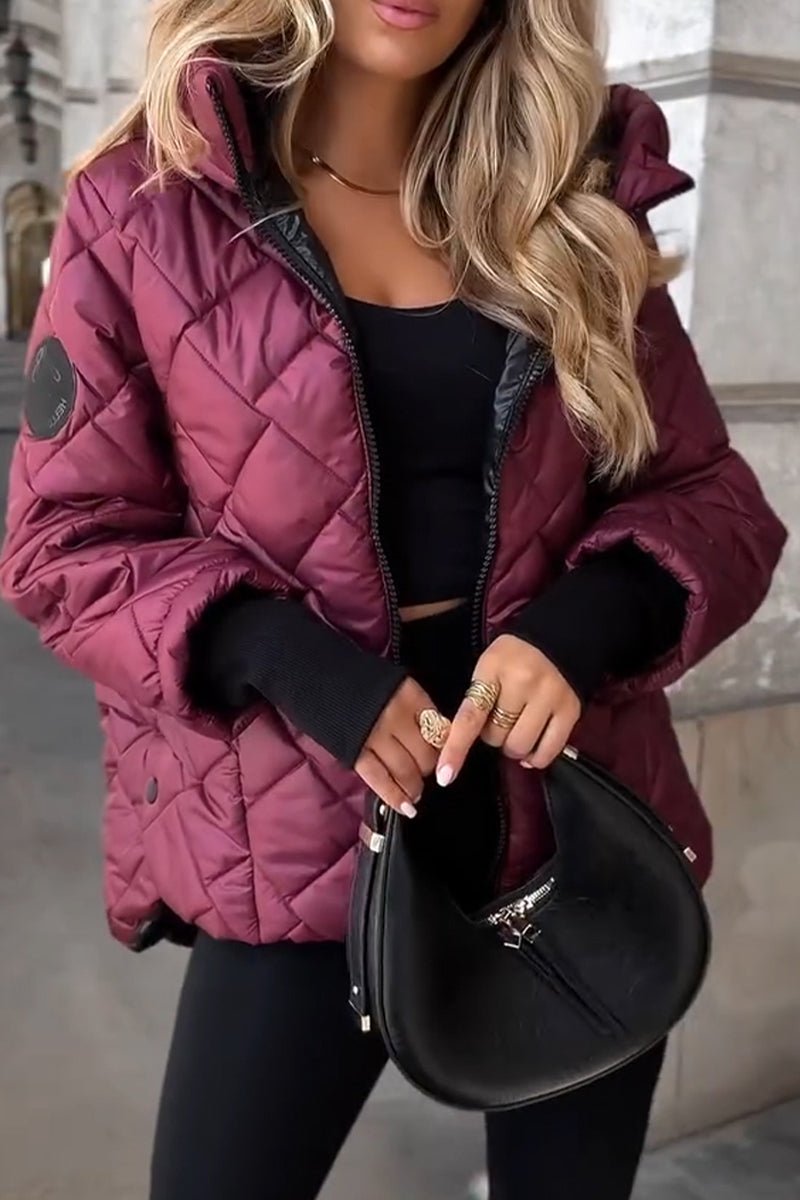 Women's Hooded Diamond Quilted Jacket Zip-Up Puffer - Wine Red