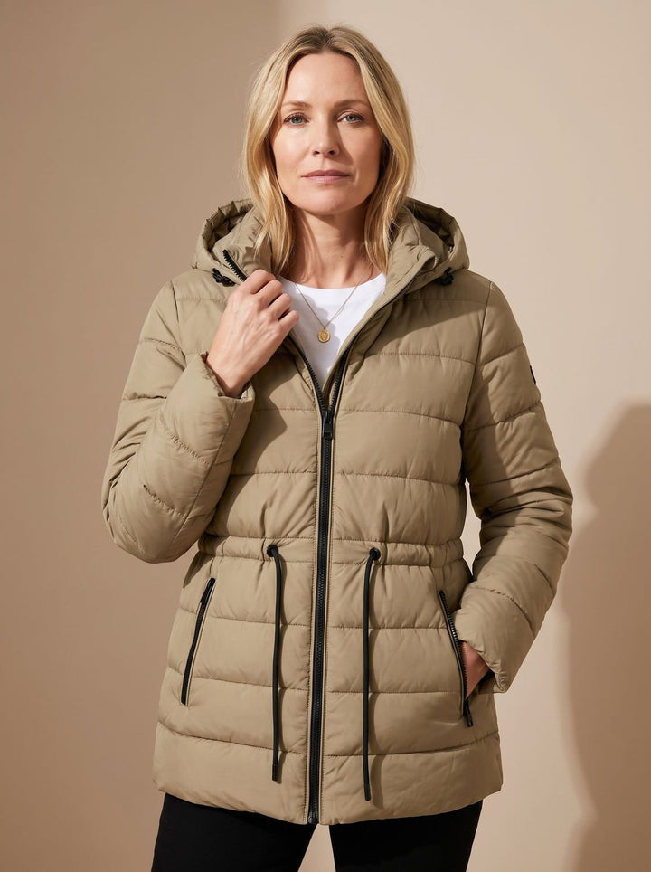 Women's Hooded Drawstring-Waist Quilted Puffer Jacket - Beige