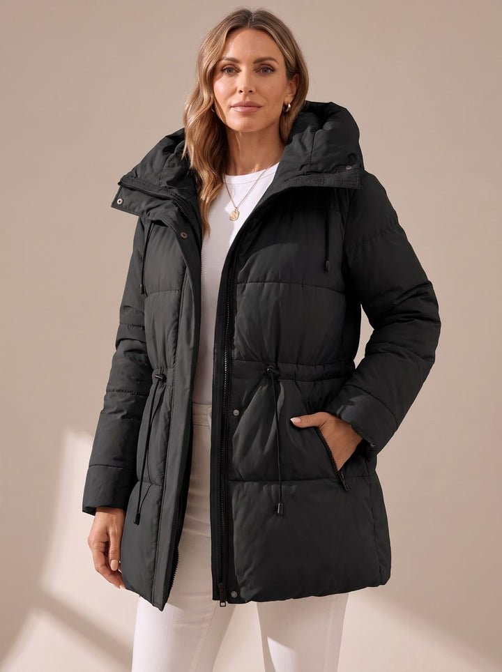 Women's Hooded Drawstring-Waist Quilted Puffer Jacket - Black