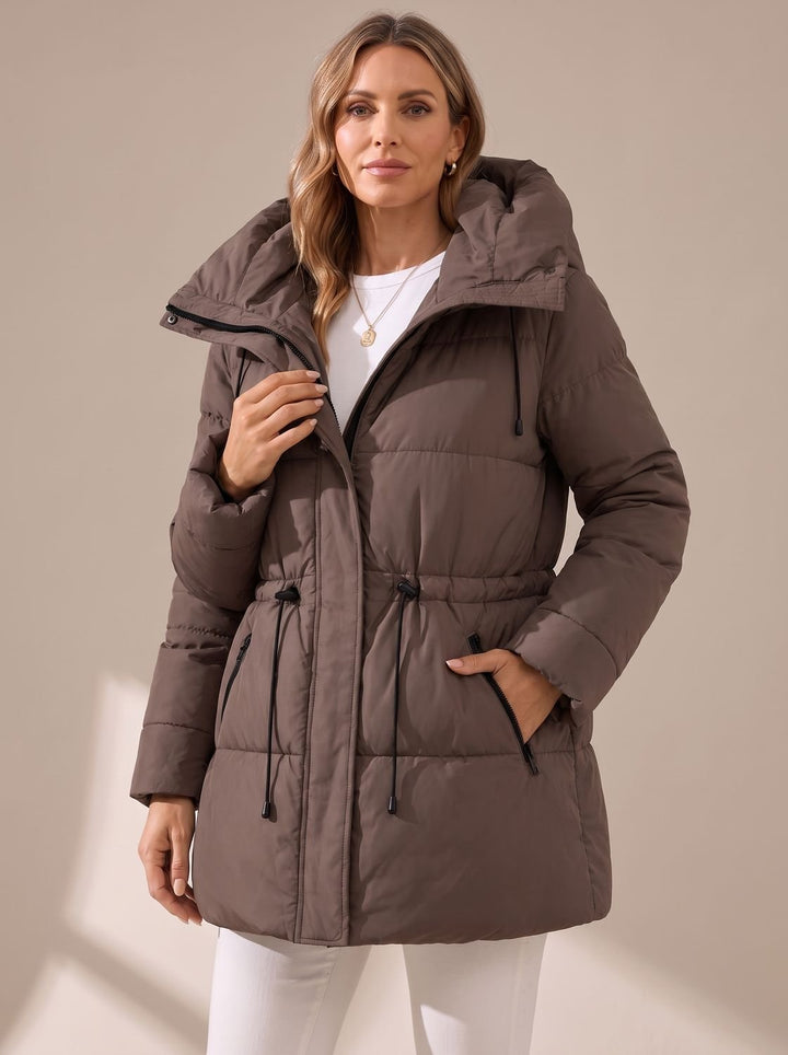 Women's Hooded Drawstring-Waist Quilted Puffer Jacket - Brown