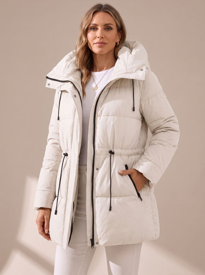 Women's Hooded Drawstring-Waist Quilted Puffer Jacket - White