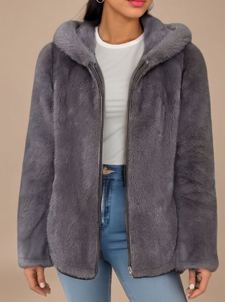 Women's Hooded Faux Fur Coat Zip-Up Teddy Fleece Jacket - Gray