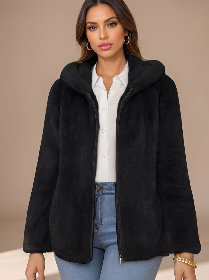 Women's Hooded Faux Fur Coat Zip-Up Teddy Fleece Jacket - Black