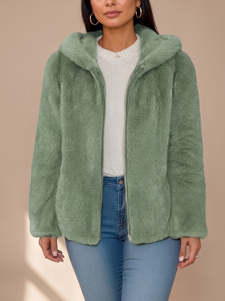 Women's Hooded Faux Fur Coat Zip-Up Teddy Fleece Jacket - Green