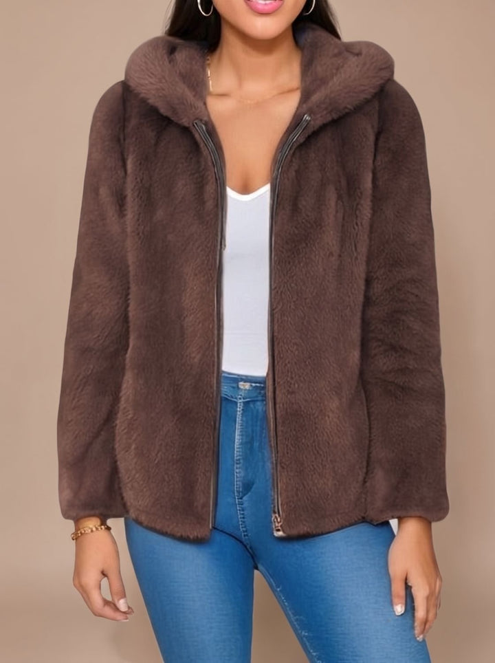 Women's Hooded Faux Fur Coat Zip-Up Teddy Fleece Jacket - Brown