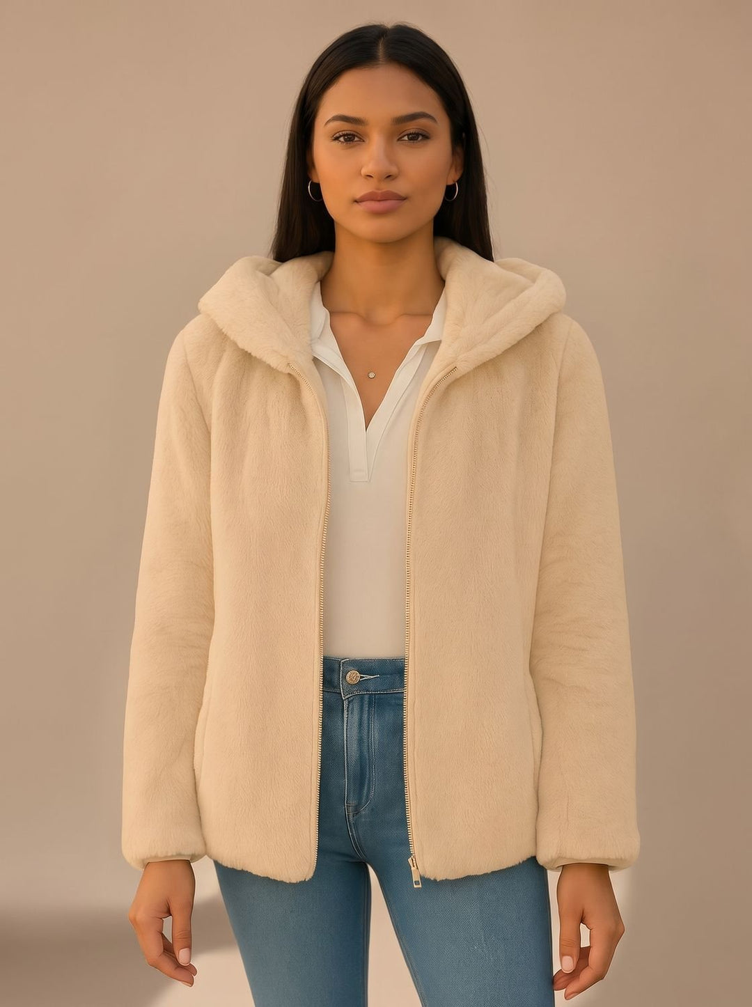 Women's Hooded Faux Fur Coat Zip-Up Teddy Fleece Jacket - Light Brown