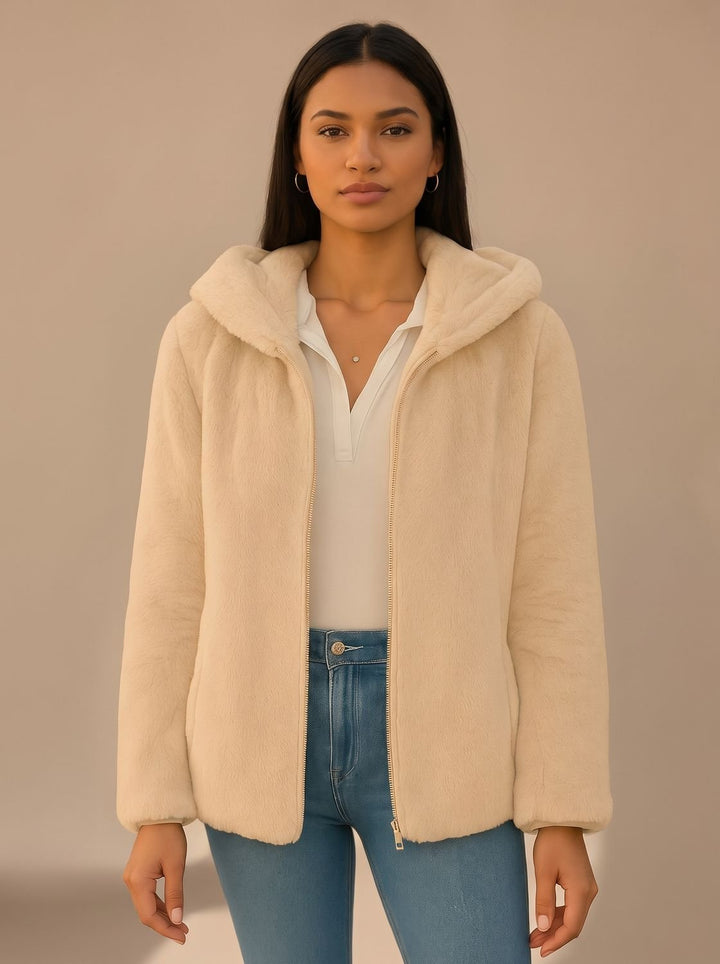 Women's Hooded Faux Fur Coat Zip-Up Teddy Fleece Jacket - Light Brown