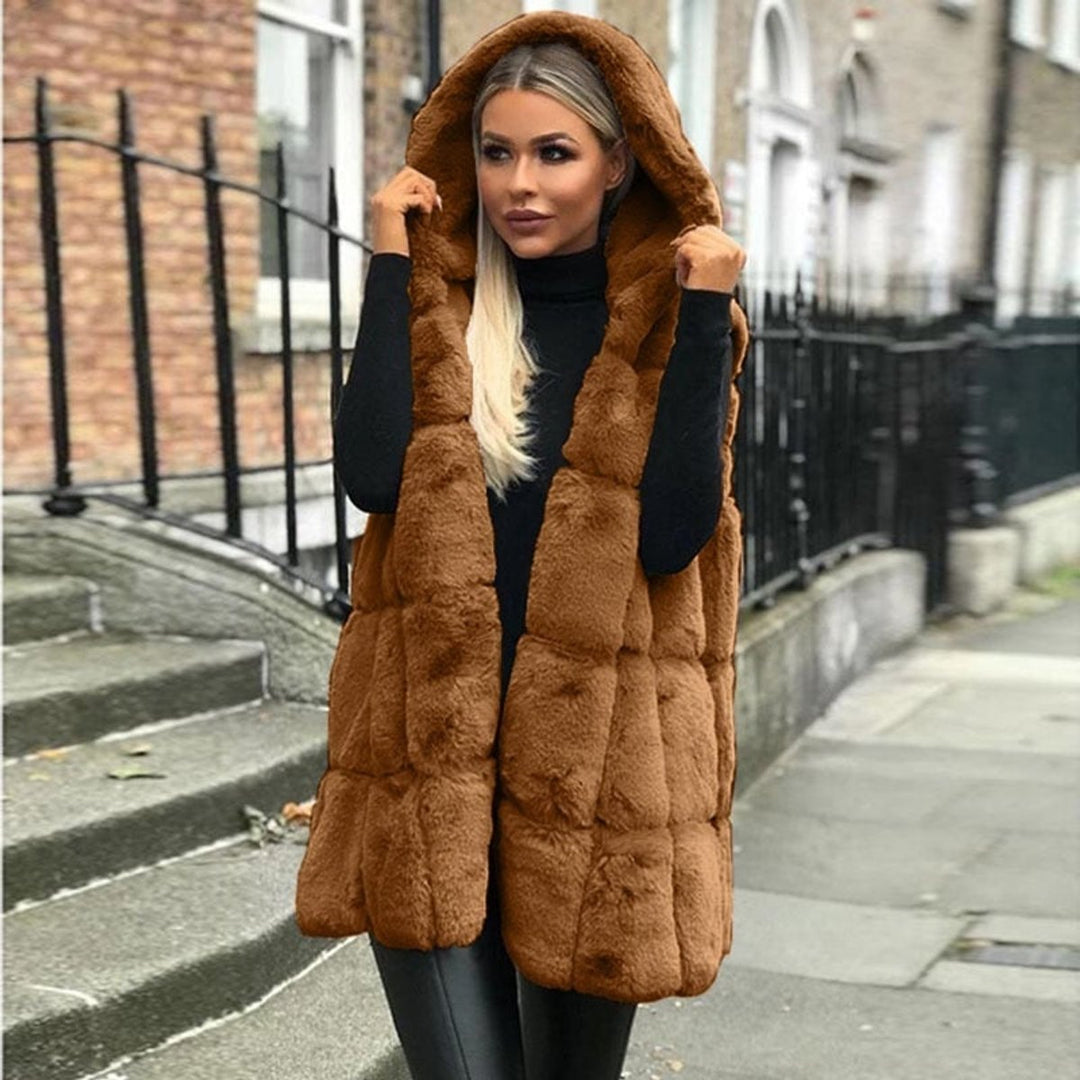 Women's Hooded Faux Fur Long Quilted Gilet Vest - Brown