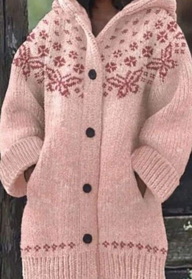 Women's Hooded Knit Cardigan Retro Snowflake Button-Front Sweater