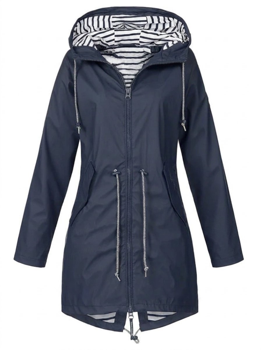 Women's Hooded Lightweight Drawstring Waterproof Rain Coat - Blue