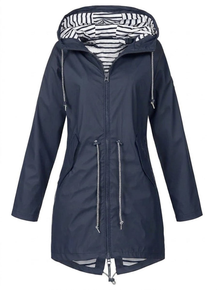 Women's Hooded Lightweight Drawstring Waterproof Rain Coat - Blue