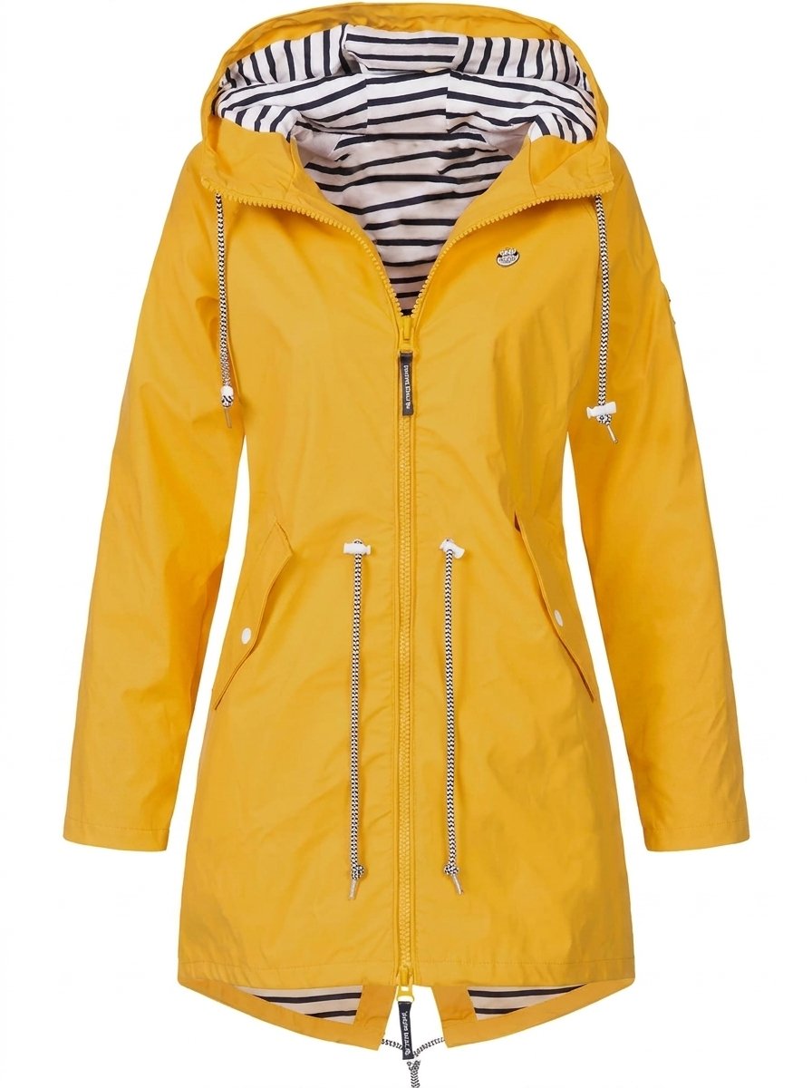 Women's Hooded Lightweight Drawstring Waterproof Rain Coat - Yellow